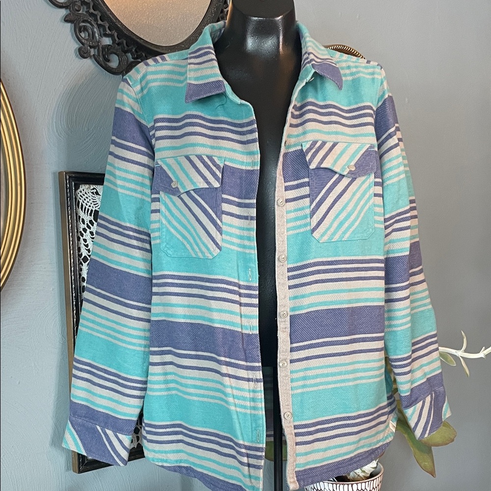 L.L. Bean Women's Blue and Green Striped Button Down Shirt